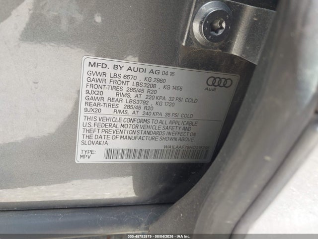 Aukcja sprzedaży 2017 Audi Q7 3.0t Premium, vin: WA1LAAF79HD016295, numer aukcji: 45783979
