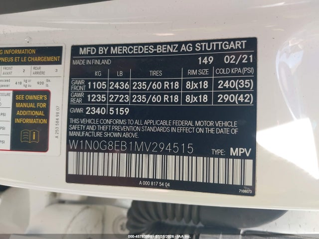 Продажа на аукционе авто 2021 Mercedes-benz Glc 300 4matic Suv, vin: W1N0G8EB1MV294515, номер лота: 45783998