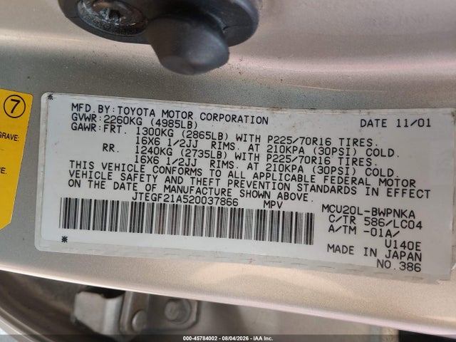 Aukcja sprzedaży 2002 Toyota Highlander Limited V6, vin: JTEGF21A520037866, numer aukcji: 45784002