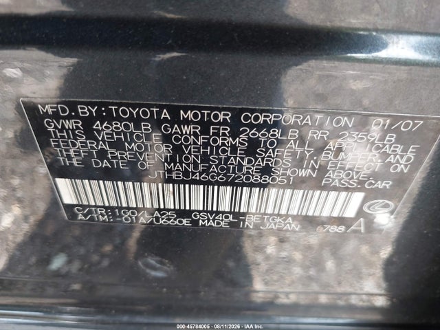 2007 Lexus Es 350 მანქანა იყიდება აუქციონზე, vin: JTHBJ46G672088051, აუქციონის ნომერი: 45784005