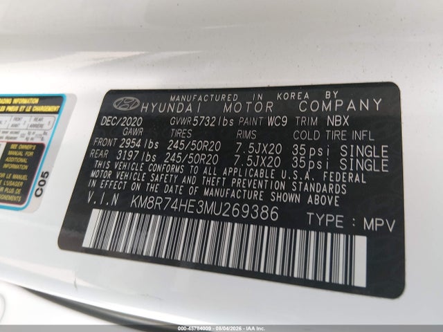 Aukcja sprzedaży 2021 Hyundai Palisade Calligraphy, vin: KM8R74HE3MU269386, numer aukcji: 45784009