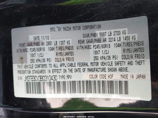Aukcja sprzedaży 2011 Mazda Cx-9 Touring, vin: JM3TB3CV3B0310430, numer aukcji: 45784011