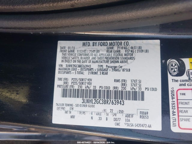 Продаж на аукціоні авто 2011 Lincoln Mkz, vin: 3LNHL2GC3BR763943, номер лоту: 45784021