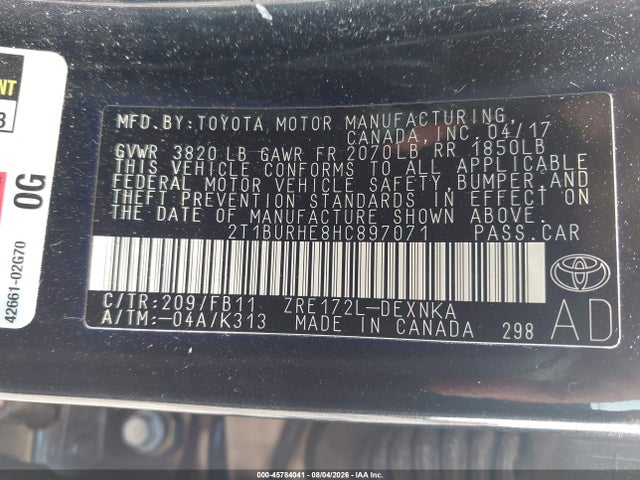 Продаж на аукціоні авто 2017 Toyota Corolla Le, vin: 2T1BURHE8HC897071, номер лоту: 45784041