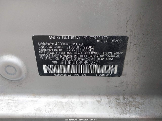 45784049 :رقم المزاد ، JF1GE60689H522371 vin ، 2009 Subaru Impreza 2.5i مزاد بيع