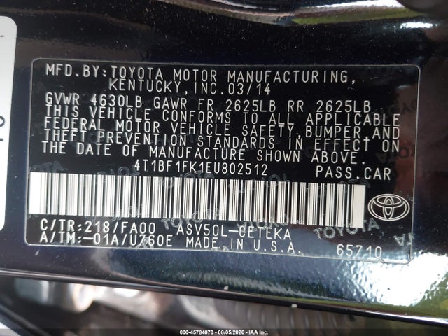 Продажа на аукционе авто 2014 Toyota Camry L, vin: 4T1BF1FK1EU802512, номер лота: 45784070