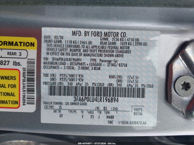 Продаж на аукціоні авто 2020 Ford Fusion Hybrid Se, vin: 3FA6P0LU4LR196894, номер лоту: 45784071