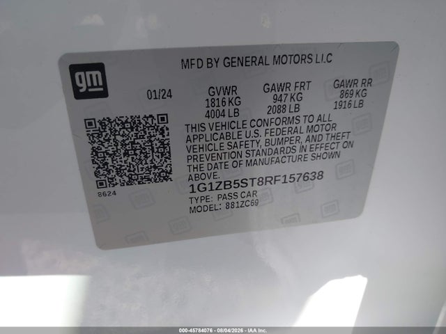 45784076 :رقم المزاد ، 1G1ZB5ST8RF157638 vin ، 2024 Chevrolet Malibu Fwd Ls مزاد بيع