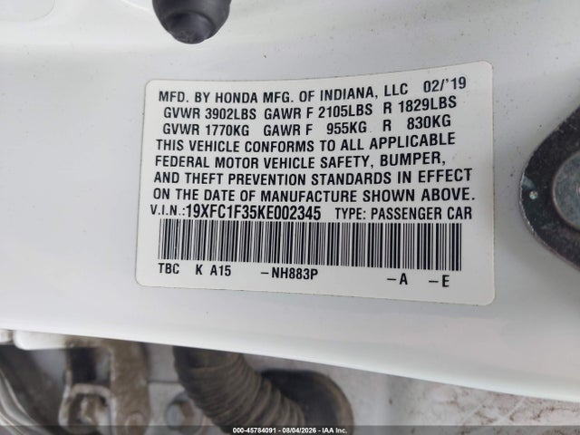 Продажа на аукционе авто 2019 Honda Civic Ex, vin: 19XFC1F35KE002345, номер лота: 45784091