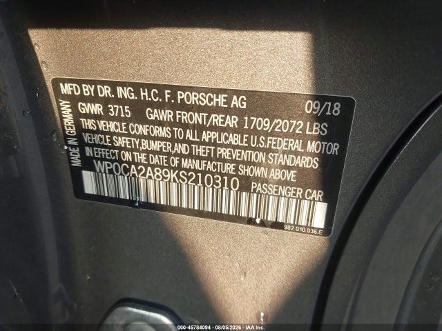 45784094 :رقم المزاد ، WP0CA2A89KS210310 vin ، 2019 Porsche 718 Boxster مزاد بيع