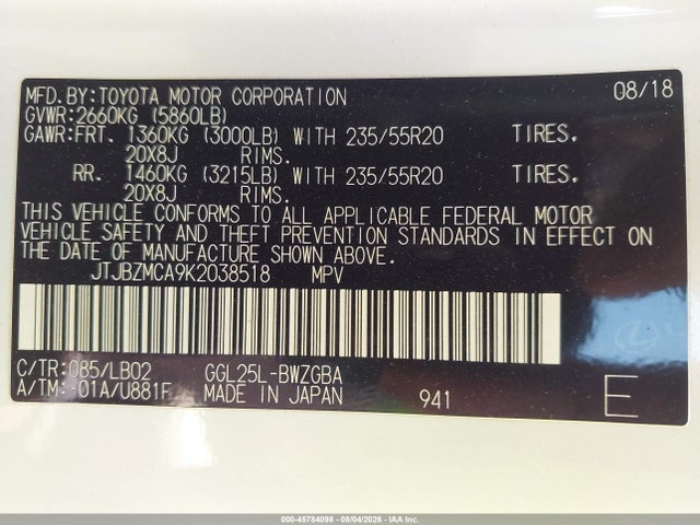 Продаж на аукціоні авто 2019 Lexus Rx 350, vin: JTJBZMCA9K2038518, номер лоту: 45784098