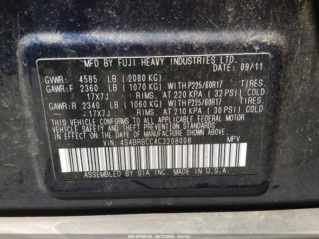 Продаж на аукціоні авто 2012 Subaru Outback 2.5i Premium, vin: 4S4BRBCC4C3208008, номер лоту: 45784108