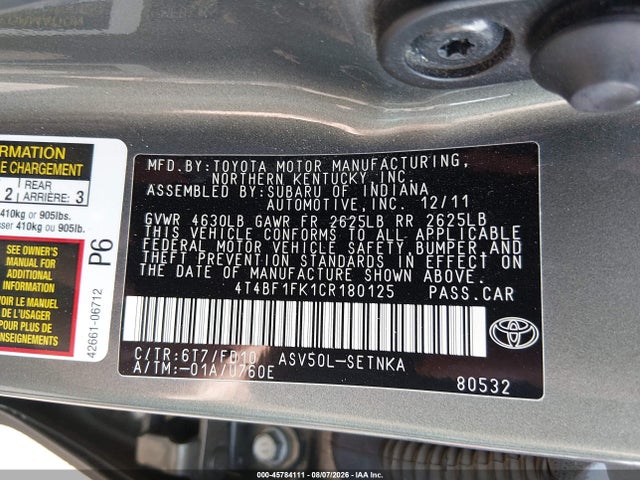 Продаж на аукціоні авто 2012 Toyota Camry Le, vin: 4T4BF1FK1CR180125, номер лоту: 45784111