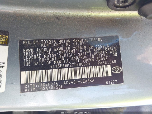 Продаж на аукціоні авто 2007 Toyota Camry Se, vin: 4T1BE46K27U686924, номер лоту: 45784114