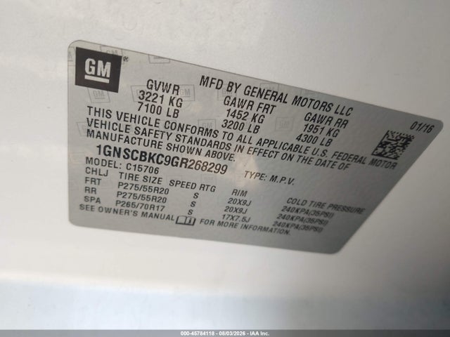 Aukcja sprzedaży 2016 Chevrolet Tahoe Lt, vin: 1GNSCBKC9GR268299, numer aukcji: 45784118
