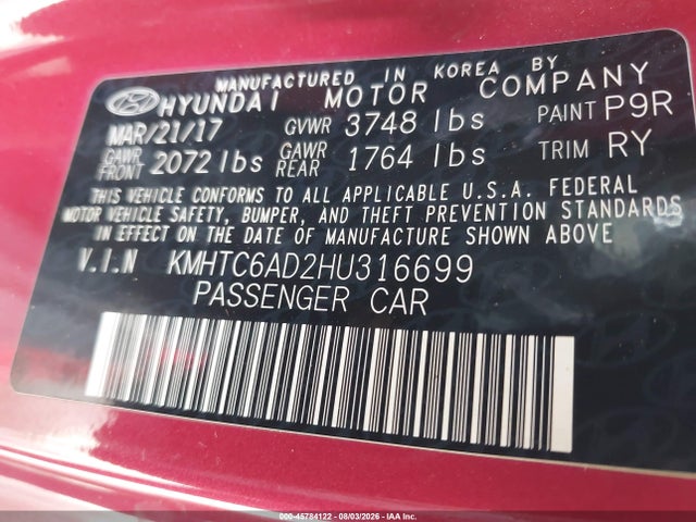 45784122 :رقم المزاد ، KMHTC6AD2HU316699 vin ، 2017 Hyundai Veloster مزاد بيع