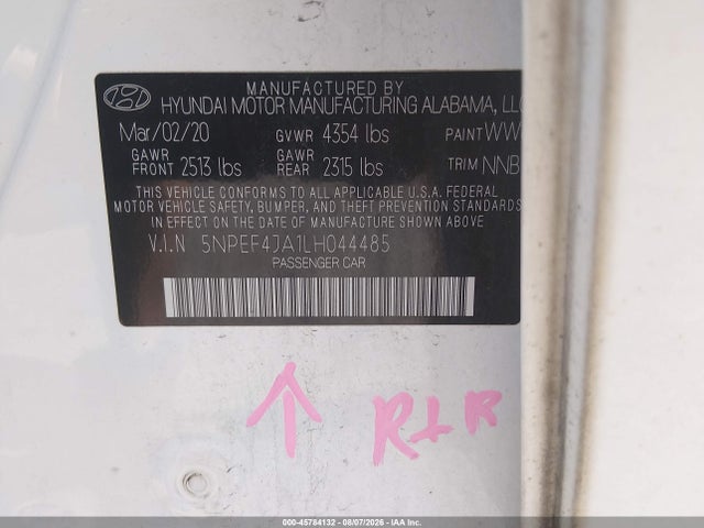 45784132 :رقم المزاد ، 5NPEF4JA1LH044485 vin ، 2020 Hyundai Sonata Sel مزاد بيع