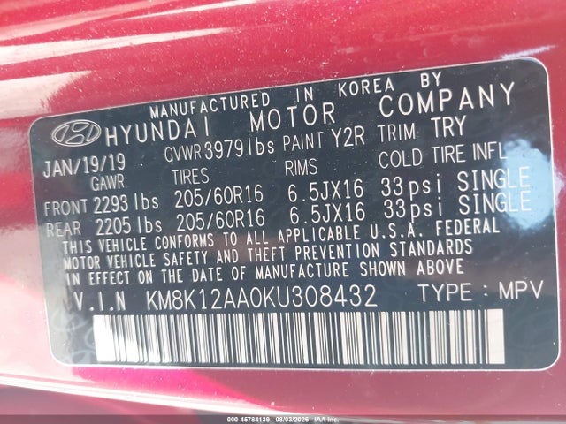 45784139 :رقم المزاد ، KM8K12AA0KU308432 vin ، 2019 Hyundai Kona Se مزاد بيع