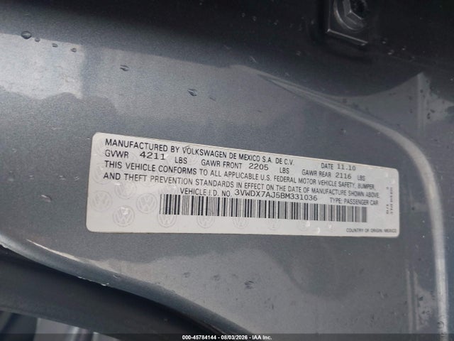 2011 Volkswagen Jetta 2.5l Se მანქანა იყიდება აუქციონზე, vin: 3VWDX7AJ5BM331036, აუქციონის ნომერი: 45784144