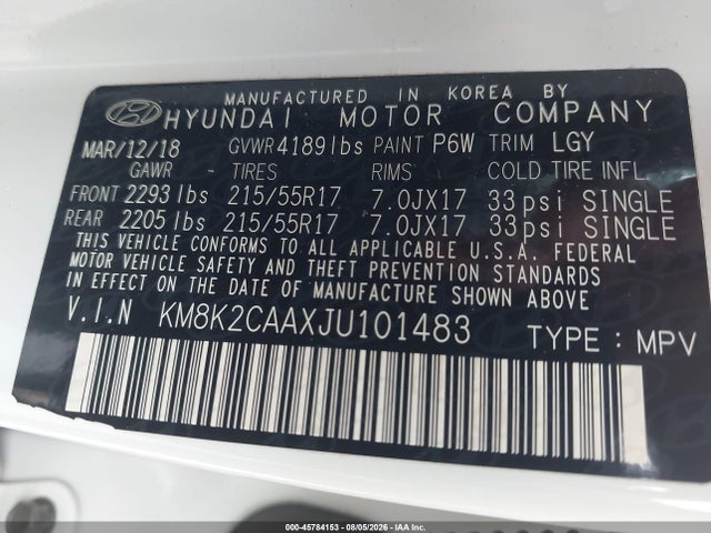 Aukcja sprzedaży 2018 Hyundai Kona Sel, vin: KM8K2CAAXJU101483, numer aukcji: 45784153