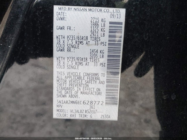 45784155 :رقم المزاد ، 5N1AR2MN6EC628772 vin ، 2014 Nissan Pathfinder S مزاد بيع