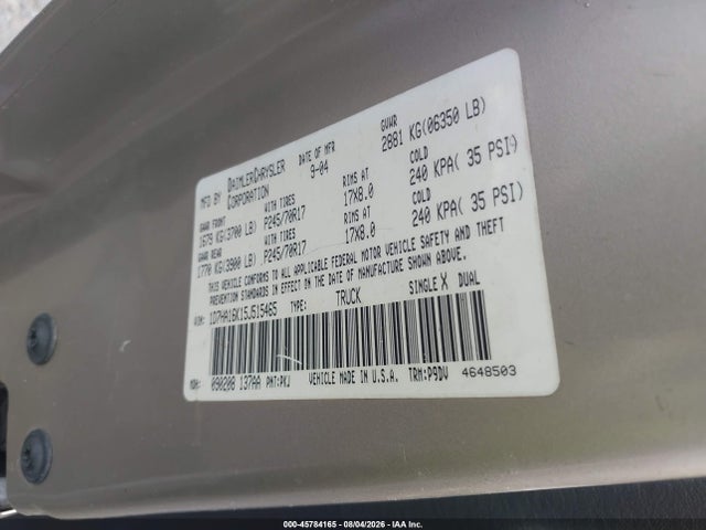 Aukcja sprzedaży 2005 Dodge Ram 1500 St, vin: 1D7HA16K15J515465, numer aukcji: 45784165