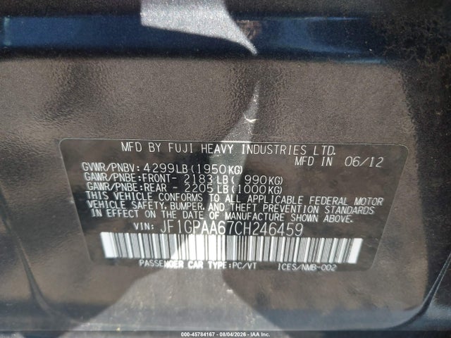 45784167 :رقم المزاد ، JF1GPAA67CH246459 vin ، 2012 Subaru Impreza 2.0i مزاد بيع