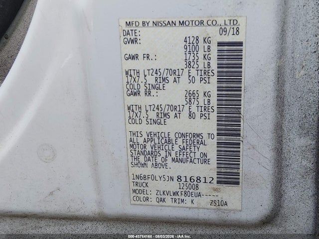 45784168 :رقم المزاد ، 1N6BF0LY5JN816812 vin ، 2018 Nissan Nv Cargo Nv2500 Hd S V6 مزاد بيع