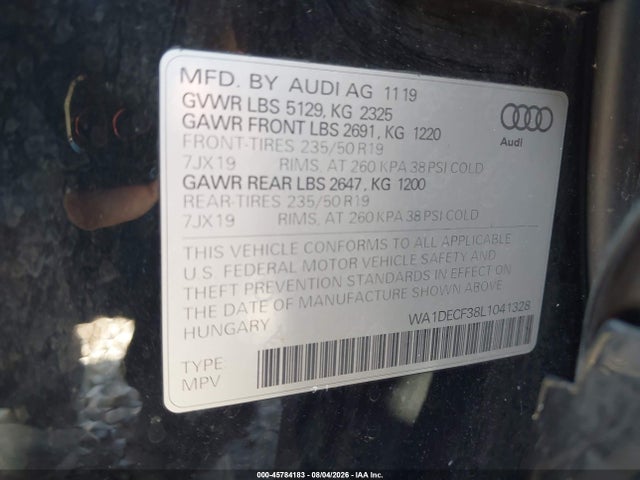 45784183 :رقم المزاد ، WA1DECF38L1041328 vin ، 2020 Audi Q3 Premium 45 Tfsi S Line Quattro Tiptronic مزاد بيع