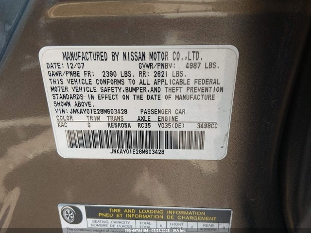 Продажа на аукционе авто 2008 Infiniti M35, vin: JNKAY01E28M603428, номер лота: 45784194