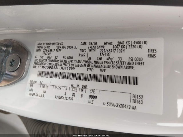 45784207 :رقم المزاد ، 1FMCU9G63LUB41699 vin ، 2020 Ford Escape Se مزاد بيع