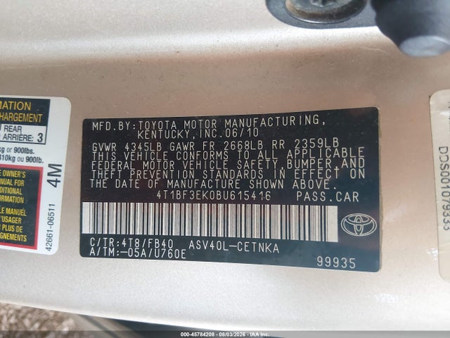 45784208 :رقم المزاد ، 4T1BF3EK0BU615416 vin ، 2011 Toyota Camry Le مزاد بيع