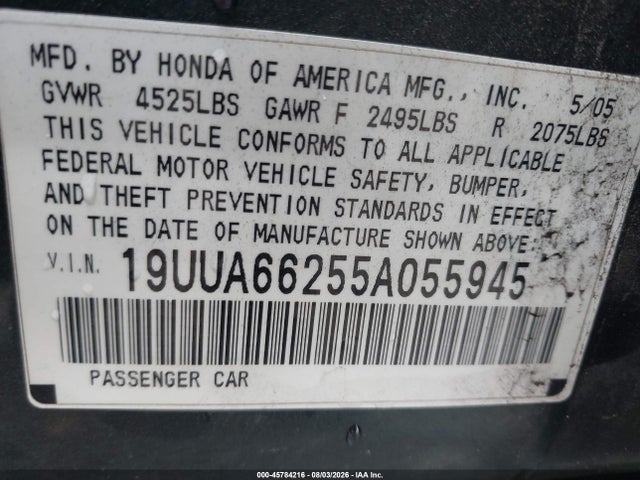 Продажа на аукционе авто 2005 Acura Tl, vin: 19UUA66255A055945, номер лота: 45784216