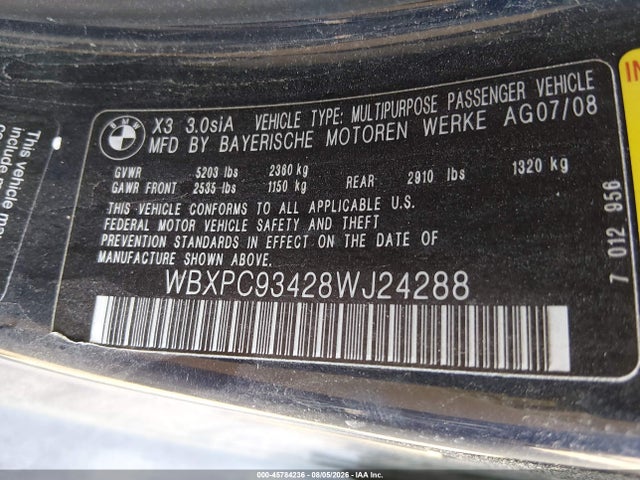 Продажа на аукционе авто 2008 Bmw X3 3.0si, vin: WBXPC93428WJ24288, номер лота: 45784236