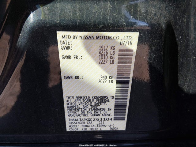 Продажа на аукционе авто 2016 Nissan Altima 2.5 Sl, vin: 1N4AL3APXGC263104, номер лота: 45784257