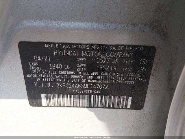 45784260 :رقم المزاد ، 3KPC24A63ME147072 vin ، 2021 Hyundai Accent Sel مزاد بيع