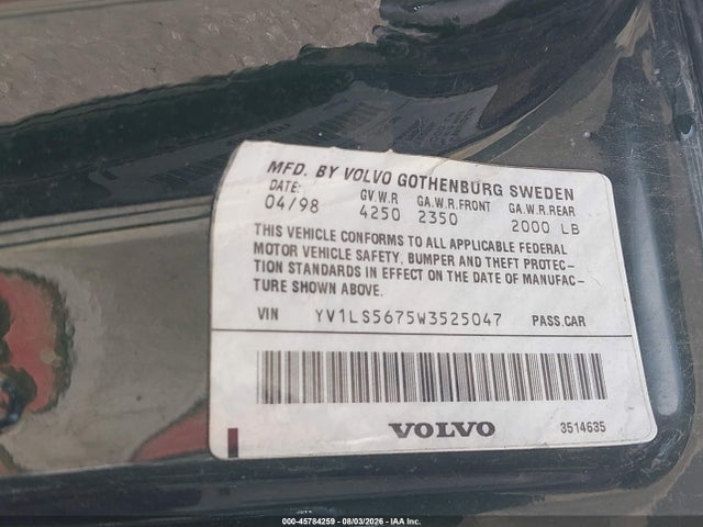 45784259 :رقم المزاد ، YV1LS5675W3525047 vin ، 1998 Volvo S70 Glt مزاد بيع