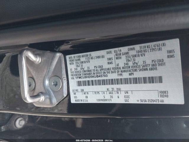Продажа на аукционе авто 2019 Ford Escape Sel, vin: 1FMCU9HD5KUB45703, номер лота: 45784266