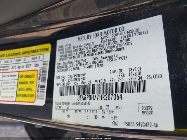 Продажа на аукционе авто 2017 Ford Fusion Se, vin: 3FA6P0H77HR207364, номер лота: 45784271