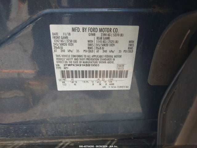 45784280 :رقم المزاد ، 2FMPK3K91KBB19503 vin ، 2019 Ford Edge Titanium مزاد بيع