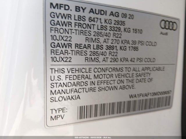 Aukcja sprzedaży 2021 Audi Q8 Prestige 55 Tfsi Quattro Tiptronic, vin: WA1FVAF13MD009057, numer aukcji: 45784286