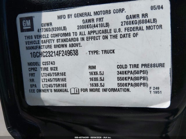 2004 Chevrolet Silverado 2500hd Ls მანქანა იყიდება აუქციონზე, vin: 1GCHC23214F249638, აუქციონის ნომერი: 45784309
