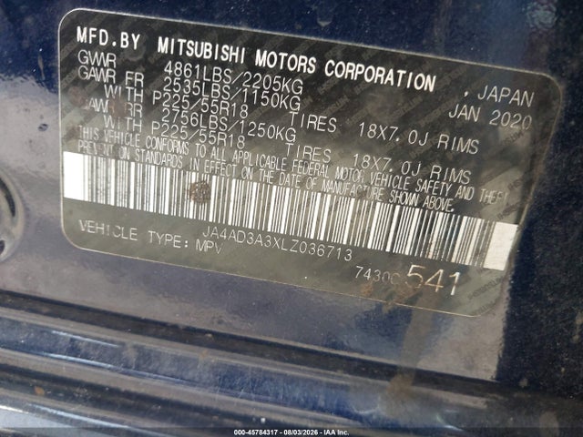 2020 Mitsubishi Outlander Le 2.4/se 2.4/sel 2.4/sp 2.4 მანქანა იყიდება აუქციონზე, vin: JA4AD3A3XLZ036713, აუქციონის ნომერი: 45784317