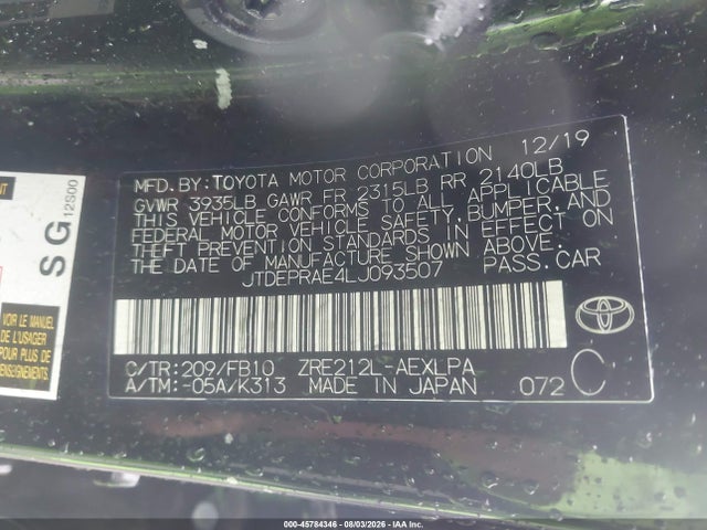 2020 Toyota Corolla Le მანქანა იყიდება აუქციონზე, vin: JTDEPRAE4LJ093507, აუქციონის ნომერი: 45784346