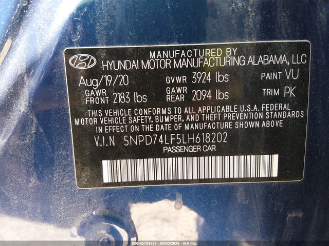Продажа на аукционе авто 2020 Hyundai Elantra Se, vin: 5NPD74LF5LH618202, номер лота: 45784357