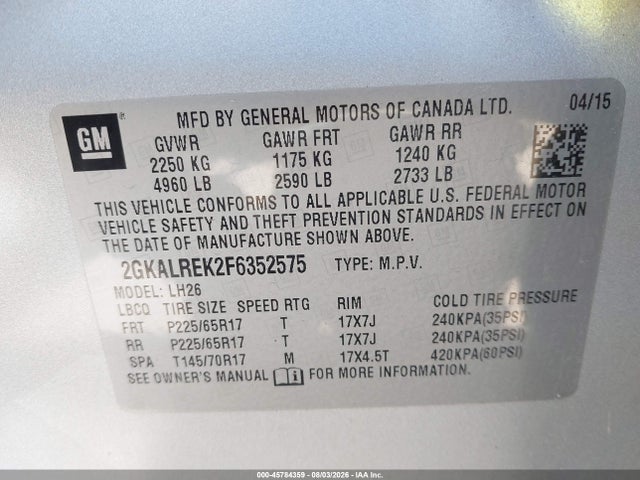 Aukcja sprzedaży 2015 Gmc Terrain Sle-2, vin: 2GKALREK2F6352575, numer aukcji: 45784359