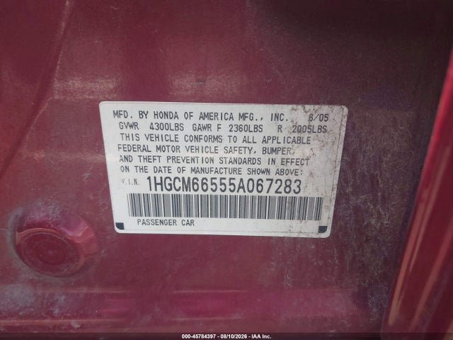 Aukcja sprzedaży 2005 Honda Accord 3.0 Ex, vin: 1HGCM66555A067283, numer aukcji: 45784397