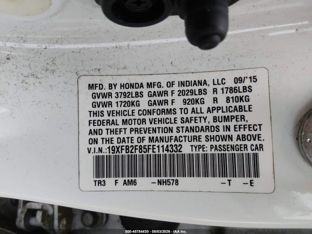 2015 Honda Civic Ex მანქანა იყიდება აუქციონზე, vin: 19XFB2F85FE114332, აუქციონის ნომერი: 45784430