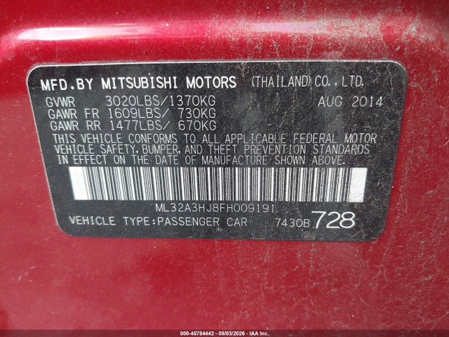 2015 Mitsubishi Mirage De მანქანა იყიდება აუქციონზე, vin: ML32A3HJ8FH009191, აუქციონის ნომერი: 45784442