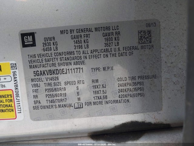 45784444 :رقم المزاد ، 5GAKVBKD0EJ111771 vin ، 2014 Buick Enclave Leather مزاد بيع